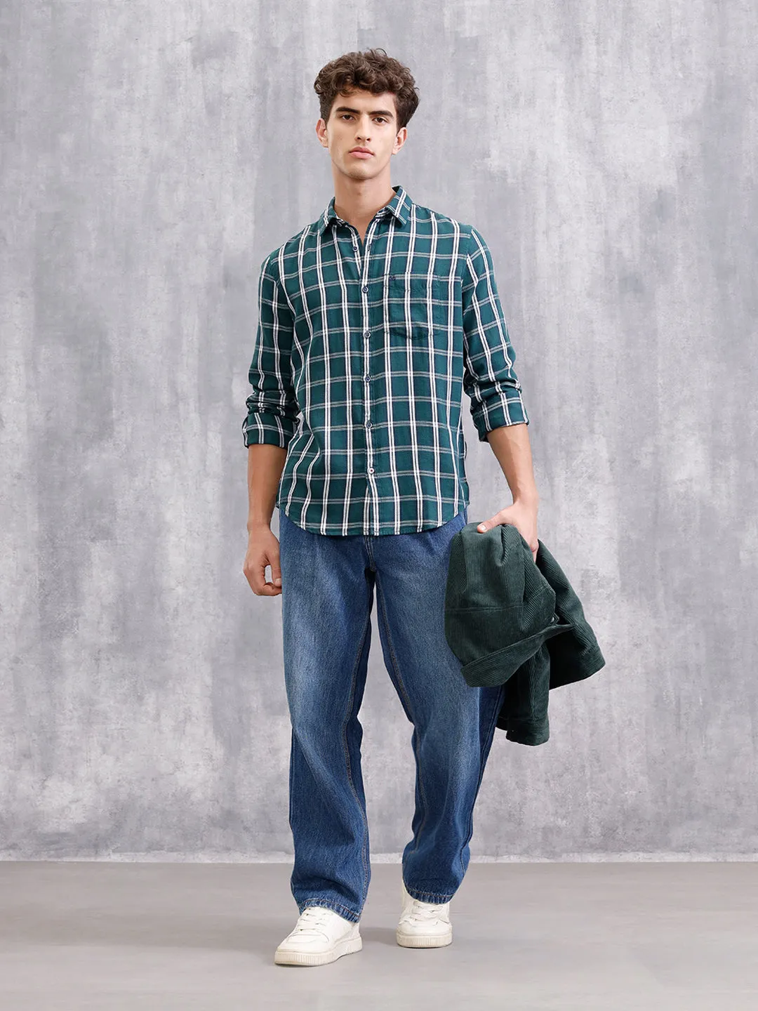 Textured Cotton Dobby Check Shirt | Green sold by Wrogn product image thumbnail 3