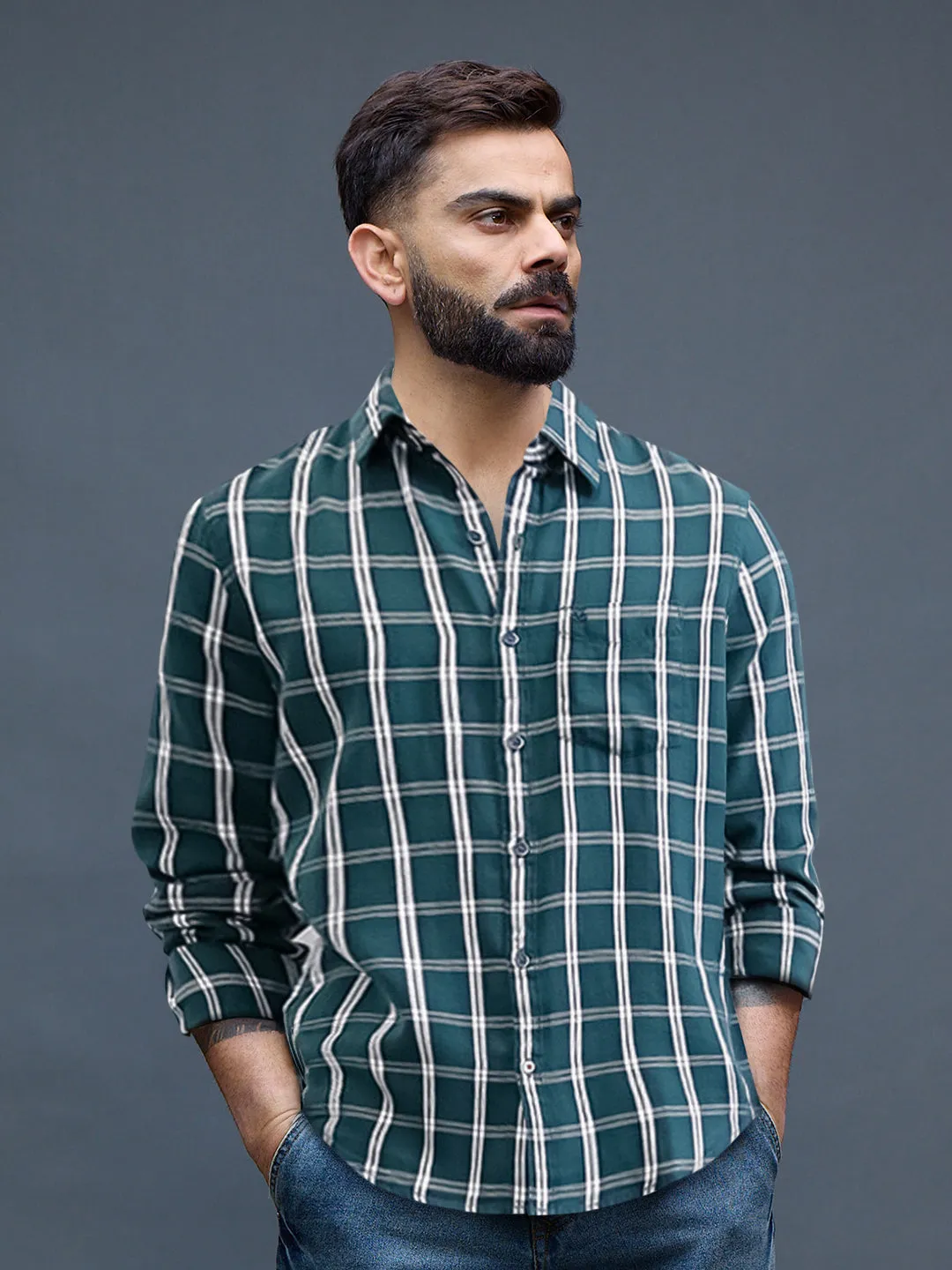Textured Cotton Dobby Check Shirt | Green sold by Wrogn