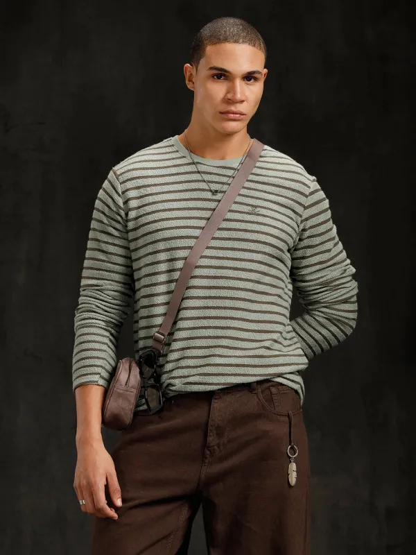 Textured Loose Knit Slim Fit T-Shirt | Olive sold by Wrogn