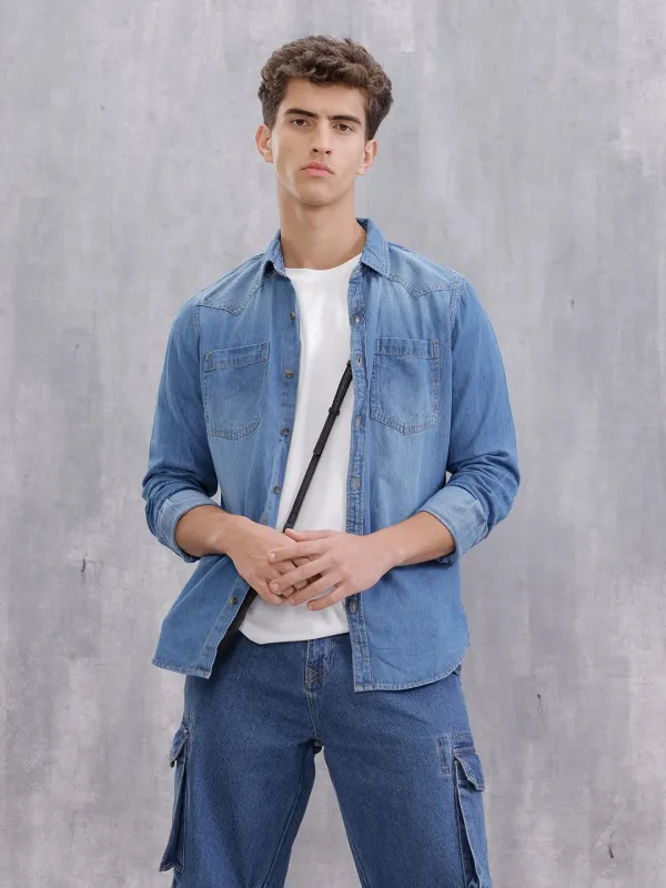 Indigo Washed Casual Regualr Fit Denim Shirt | Blue sold by Wrogn
