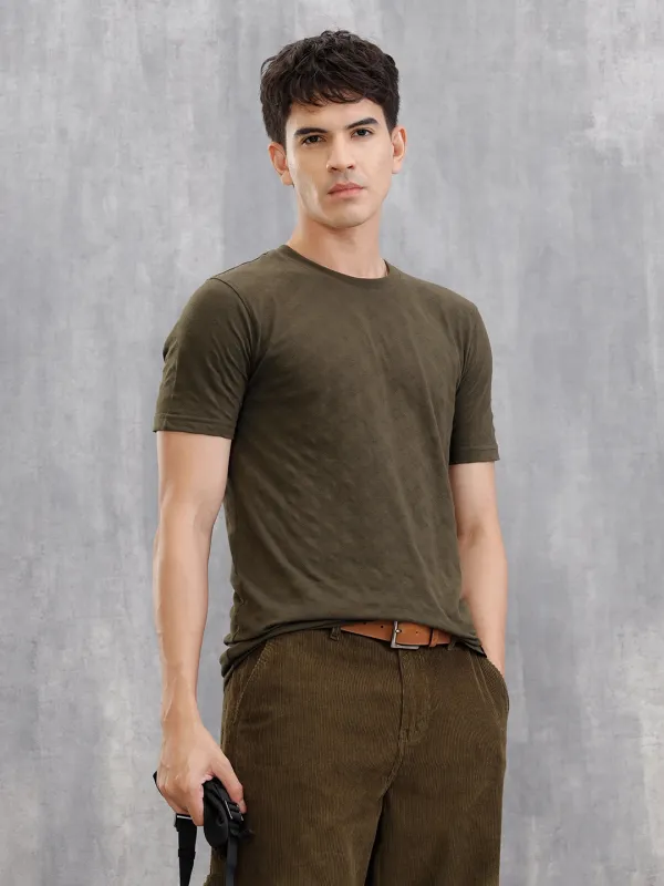 Geometric Jacquard Slim Fit Cotton Blend T-Shirt | Olive sold by Wrogn