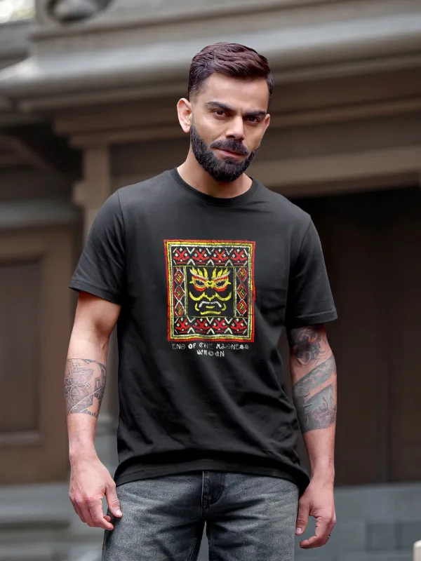 Mythical Face Graphic Crew Neck T-Shirt In Slim Fit | Black sold by Wrogn