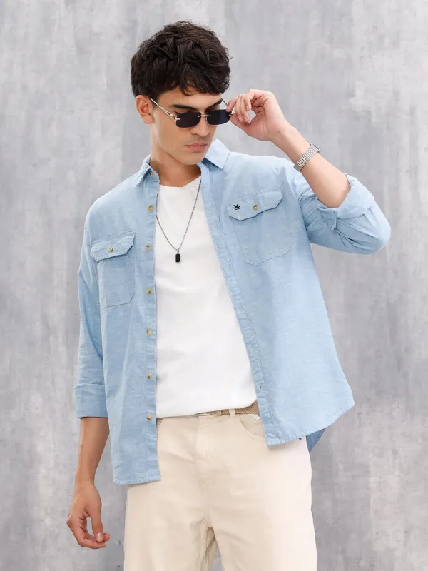 Double Pocket Chambray Shirt In Regular Fit  |  Blue sold by Wrogn
