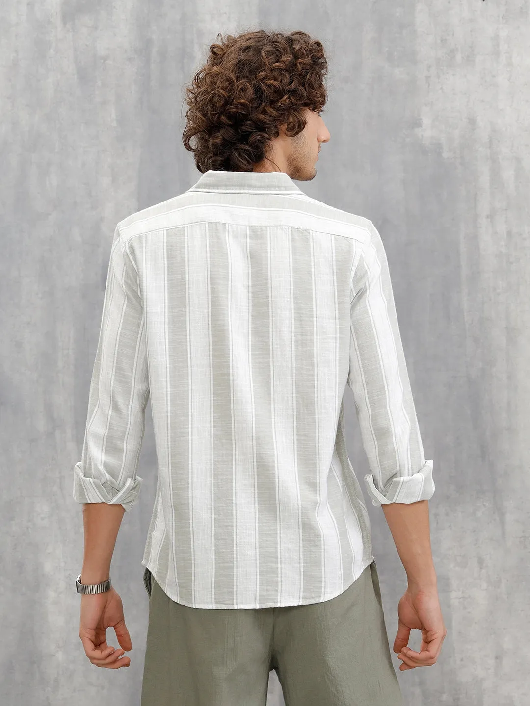 Light Weight Herringbone Stripe Shirt In Slim Fit | Light Green sold by Wrogn product image thumbnail 3
