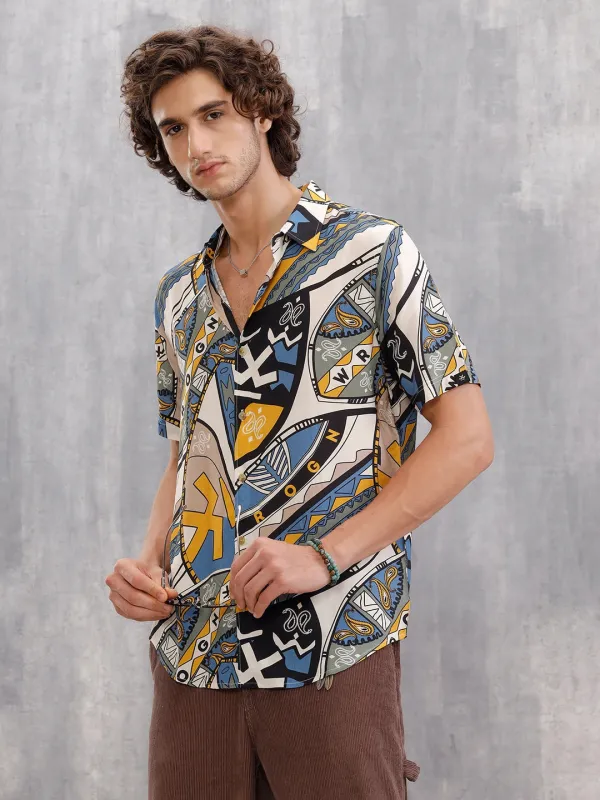 Fluid Viscose Shirt With Abstract Aop  |  Blue sold by Wrogn