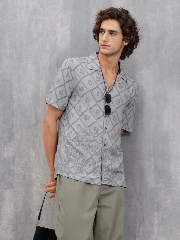Fluid Placement Print Shirt In Resort Collar | Grey sold by Wrogn