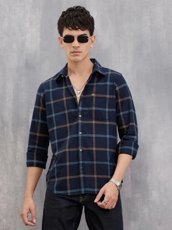 Textured Notebook Check Shirt In Slim Fit | Navy Blue sold by Wrogn