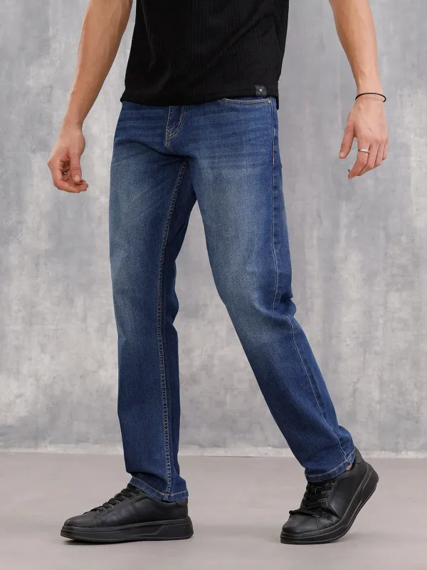 Relaxed Fit Cotton Stretch Mid Washed Jeans | Blue sold by Wrogn