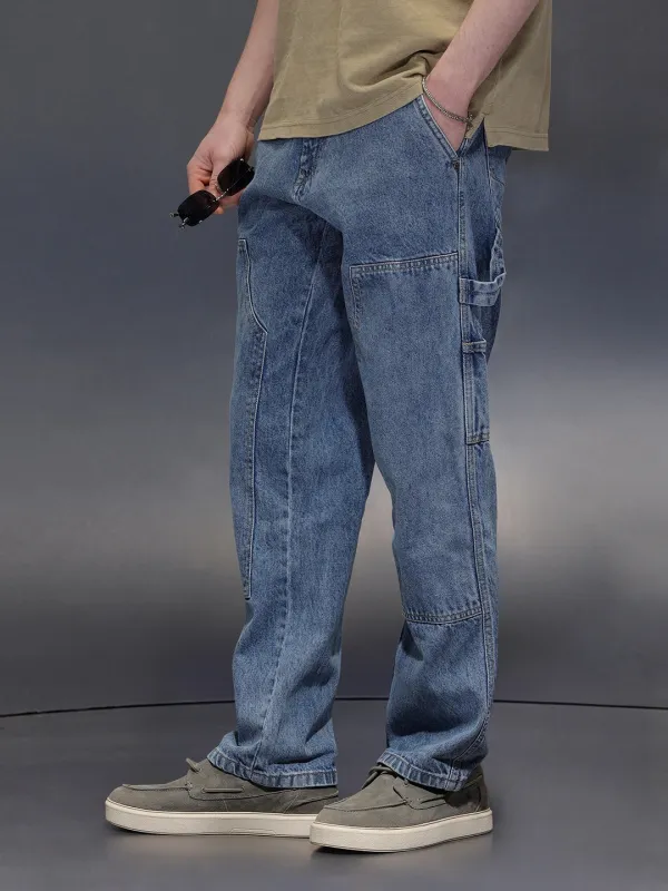 Mid-Wash Indigo Carpenter Fit Jeans | Mid Blue sold by Wrogn