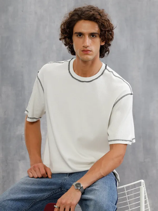 Premium Textured Knit With Contrast Stitch Details On Seams  | Off White sold by Wrogn