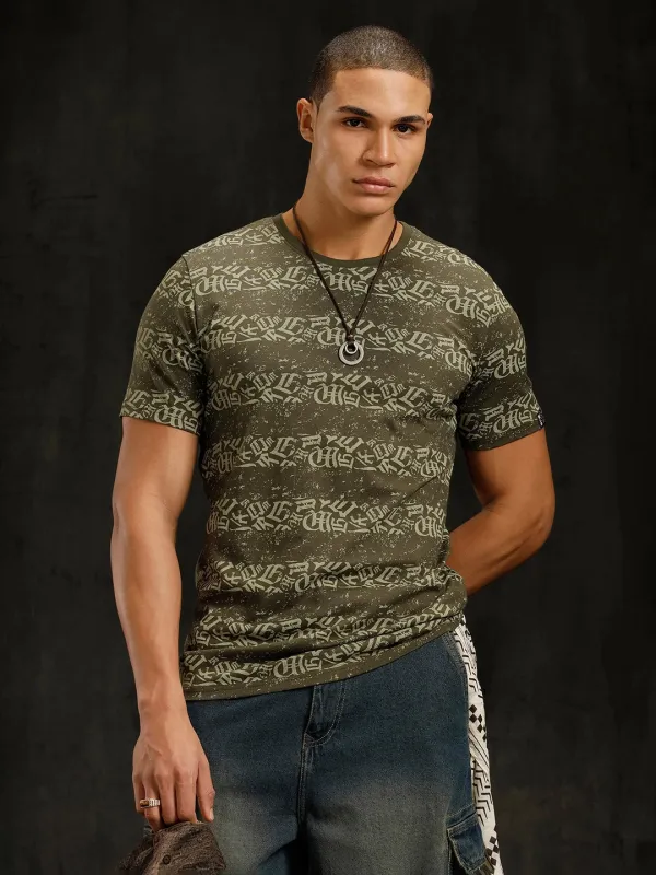 Ancient Script Striped AOP T-Shirt | Olive sold by Wrogn
