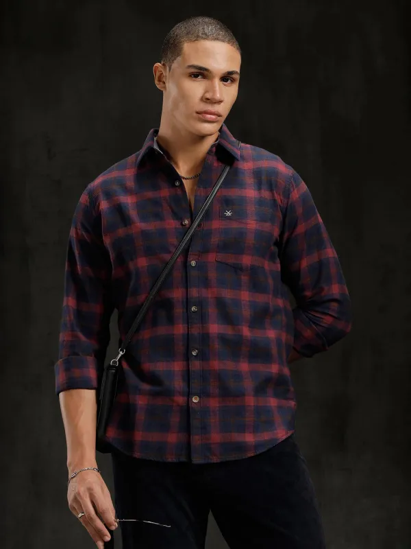 Checkered Cotton Twill Shirt | Maroon sold by Wrogn
