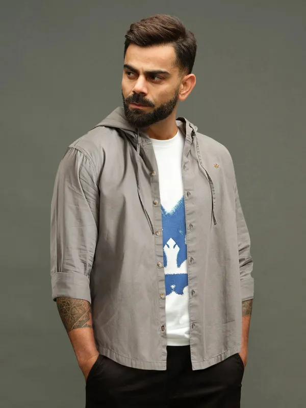 Cotton Twill Hoded Shirt | Grey sold by Wrogn