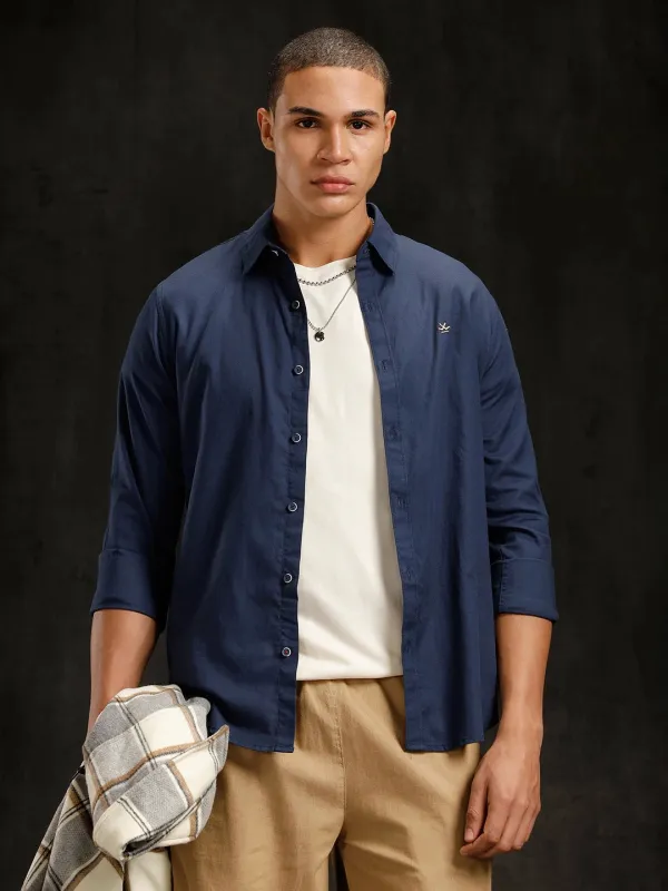 Cotton Dobby Full Sleeve Shirt  | Navy Blue sold by Wrogn