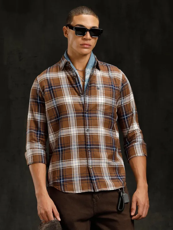 Cotton Twill Checked Shirt | Brown sold by Wrogn