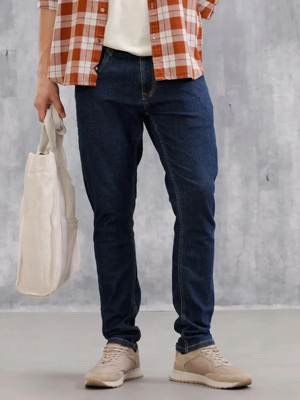 Solid Slim Tappered Jeans - Dark Blue sold by Wrogn