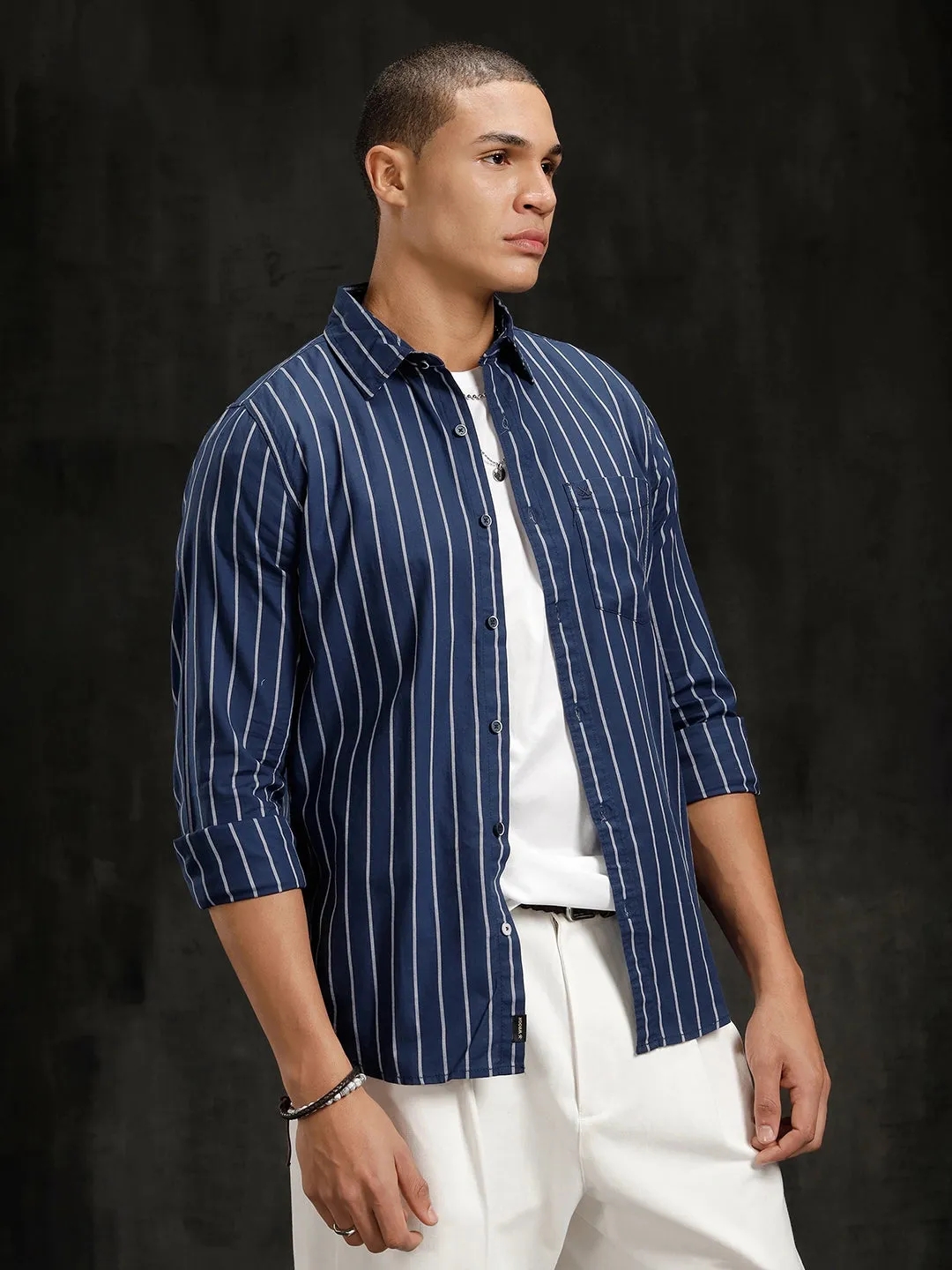 Herringbone Striped Slim Fit Shirt | Navy Blue sold by Wrogn product image thumbnail 4