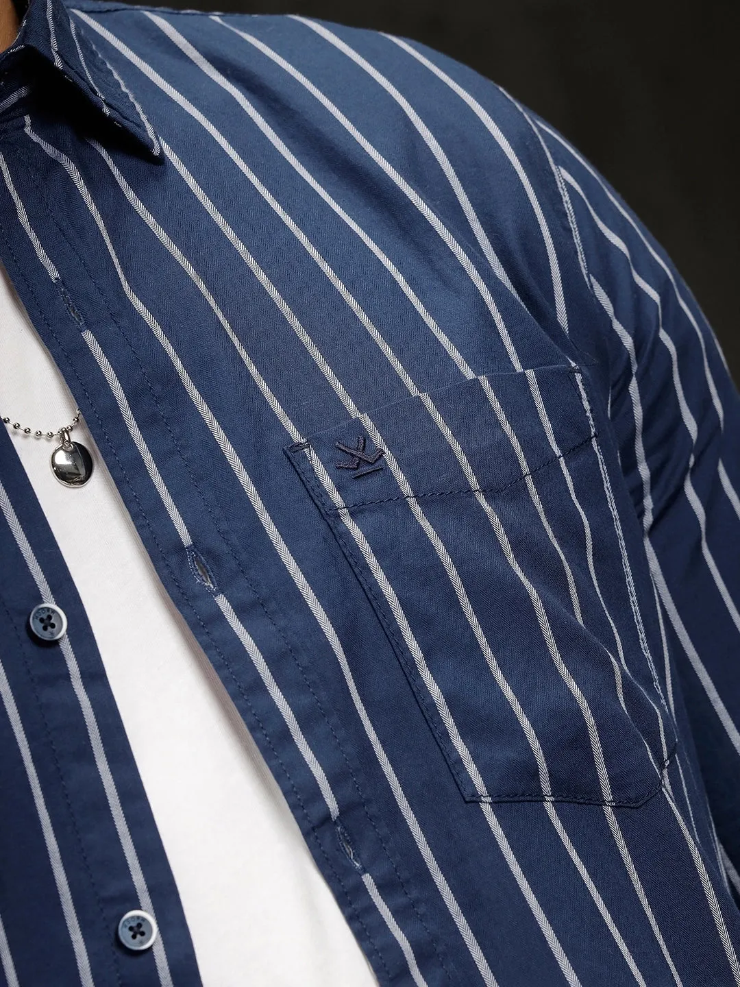 Herringbone Striped Slim Fit Shirt | Navy Blue sold by Wrogn product image thumbnail 5