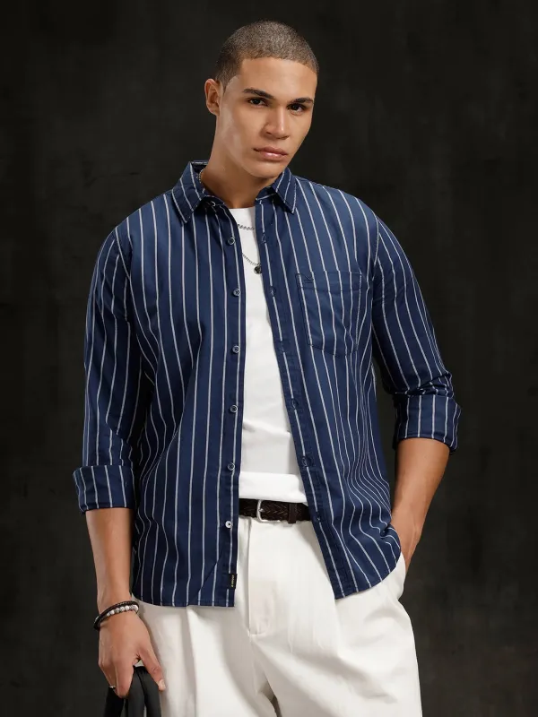 Herringbone Striped Slim Fit Shirt  | Navy Blue sold by Wrogn