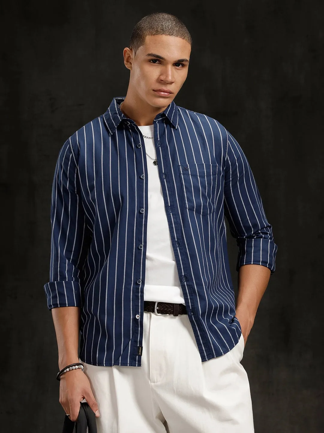 Herringbone Striped Slim Fit Shirt | Navy Blue sold by Wrogn