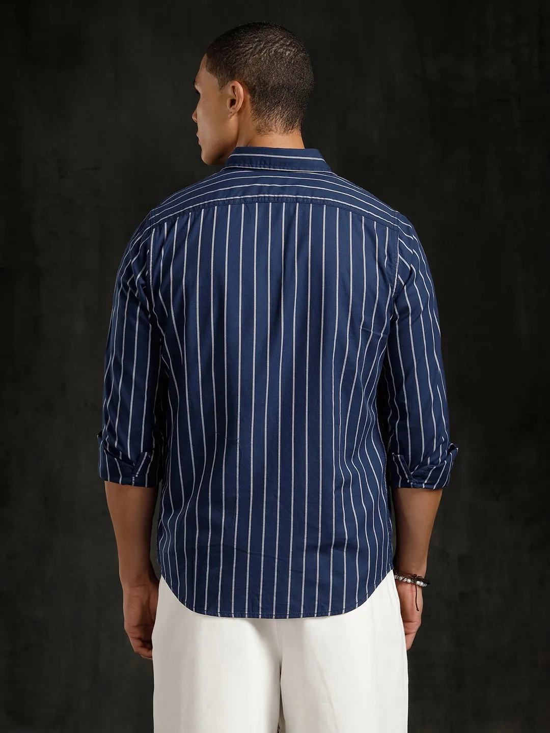 Herringbone Striped Slim Fit Shirt | Navy Blue sold by Wrogn product image thumbnail 3