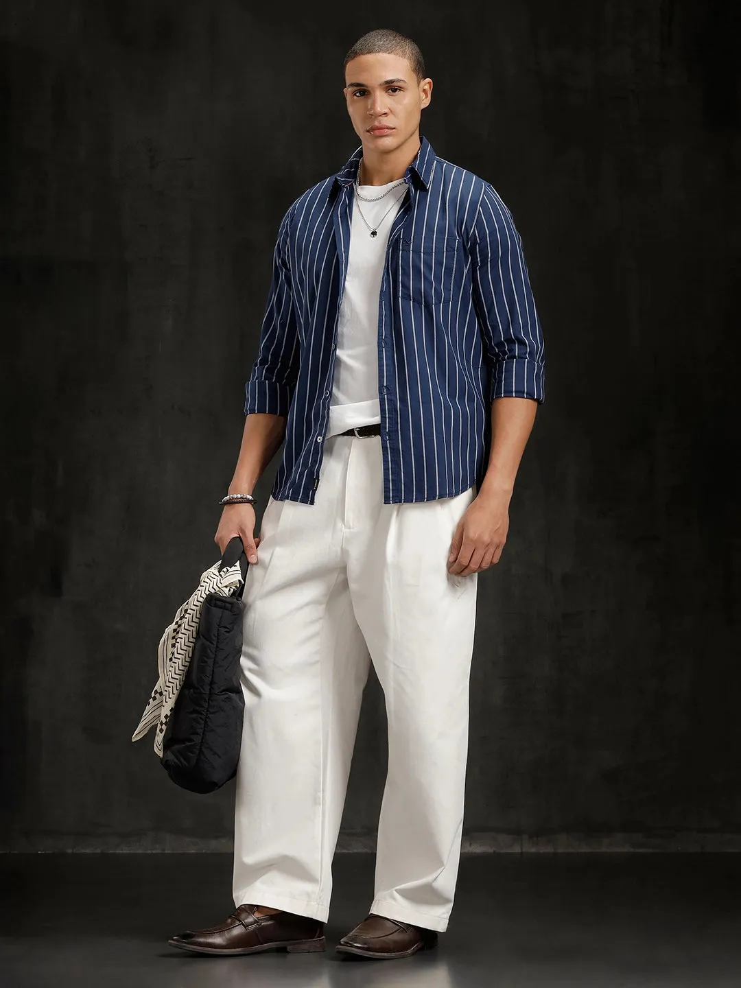 Herringbone Striped Slim Fit Shirt | Navy Blue sold by Wrogn product image thumbnail 2