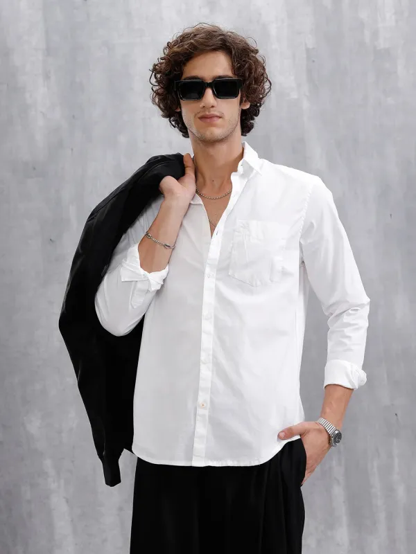 Solid Cotton Blend Slim Fit Shirt | White sold by Wrogn