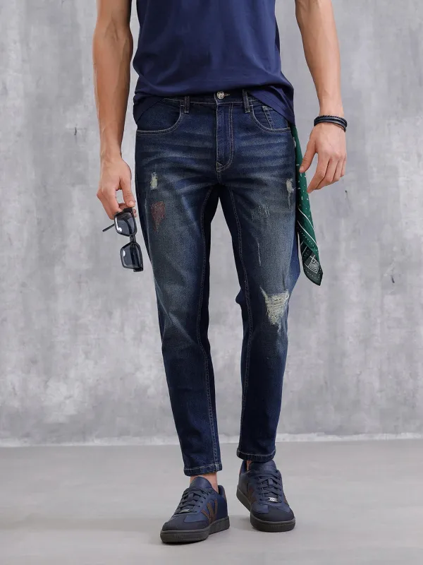 Solid Skinny Crop Distressed Jeans | Blue sold by Wrogn