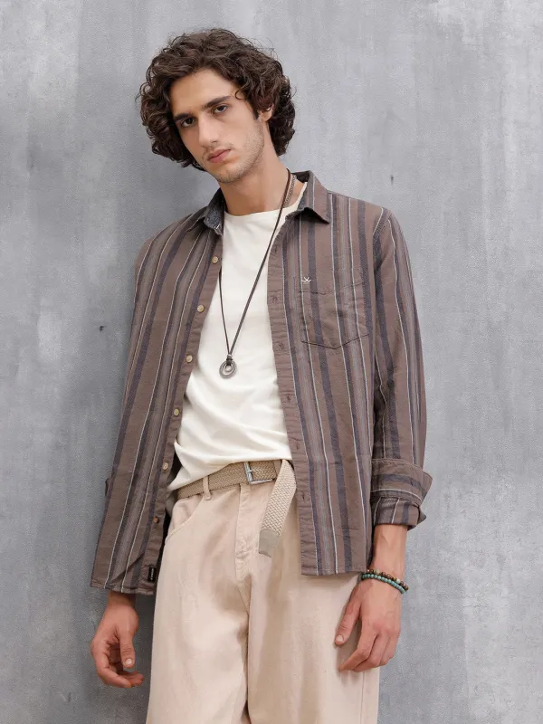 Textured Stripes Slim Fit Shirt | Brown sold by Wrogn