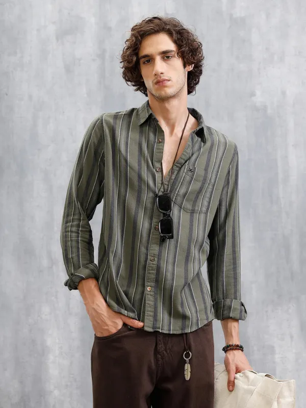 Textured Stripes Slim Fit Shirt | Olive sold by Wrogn