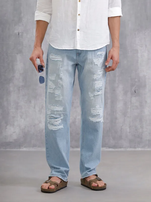 Solid Anti Fit Distressed Jeans | Light Blue sold by Wrogn
