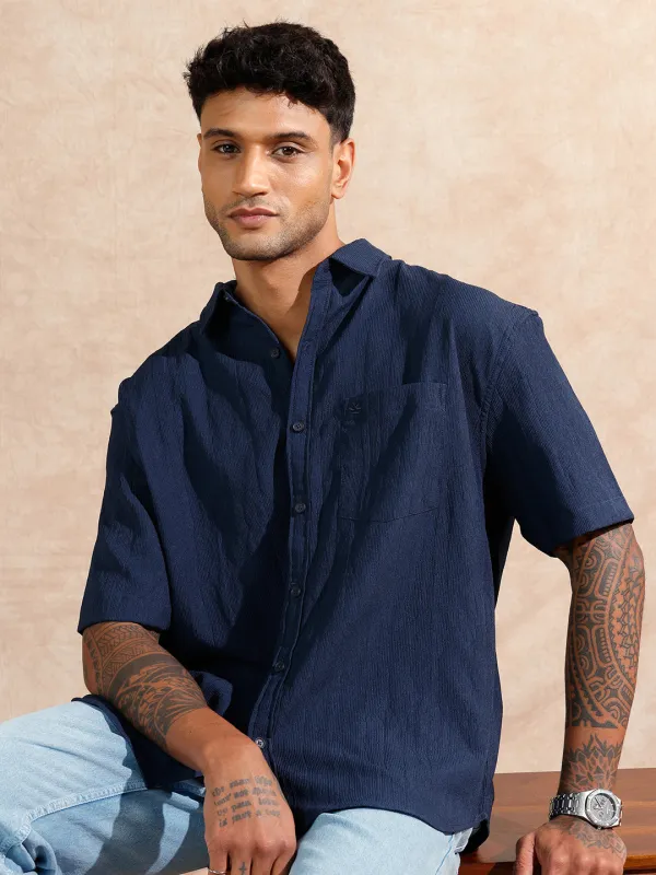 Classic Textured Short Sleeve Shirt  | Navy Blue sold by Wrogn