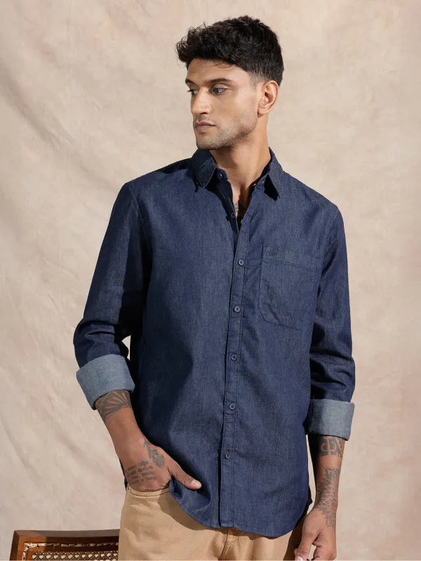 Washed Denim Regular Fit Shirt | Blue sold by Wrogn