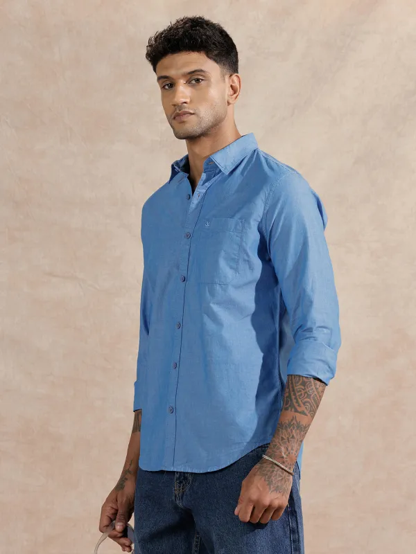 Solid Chambray Comfort Fit Shirt | Blue sold by Wrogn