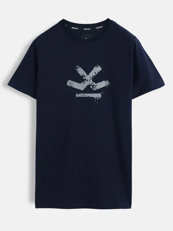 Distressed Logo Printed Slim Fit T-Shirt | Navy Blue sold by Wrogn