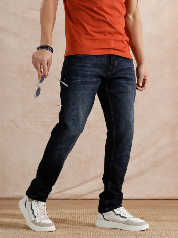 Solid Heavy Fade Slim Tapered Fit Jeans | Dark Blue sold by Wrogn