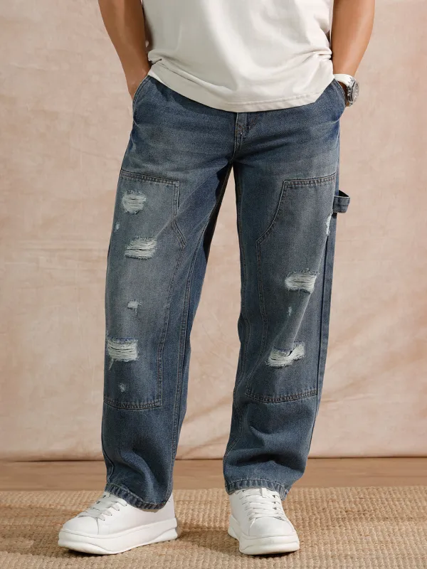 Solid Heavy Fade Loose Fit Jeans | Blue sold by Wrogn