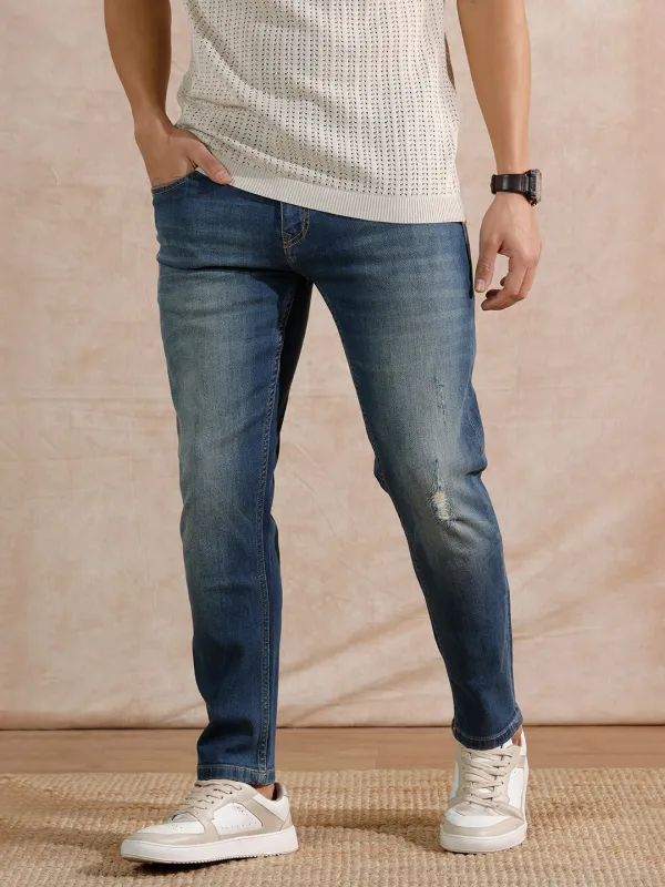 Solid Heavy Fade Skinny Crop Jeans | Blue sold by Wrogn