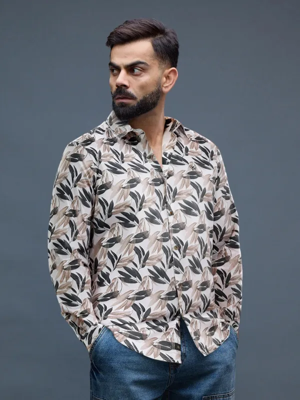 Printed Satin Slim Fit Shirt | Off White sold by Wrogn