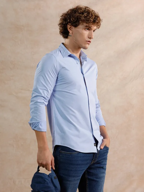 Solid Stretch Slim Fit Shirt | Light Blue sold by Wrogn