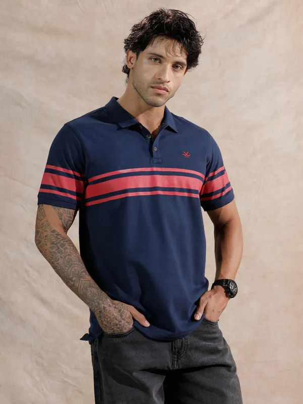 Striped Slim Fit Polo T-Shirt  | Navy Blue sold by Wrogn