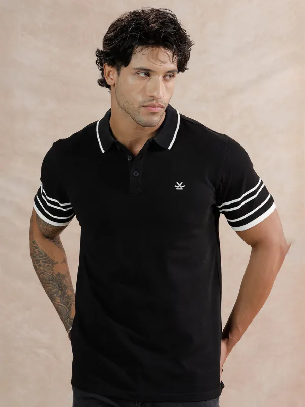 Striped Sleeve Polo T-Shirt | Black sold by Wrogn