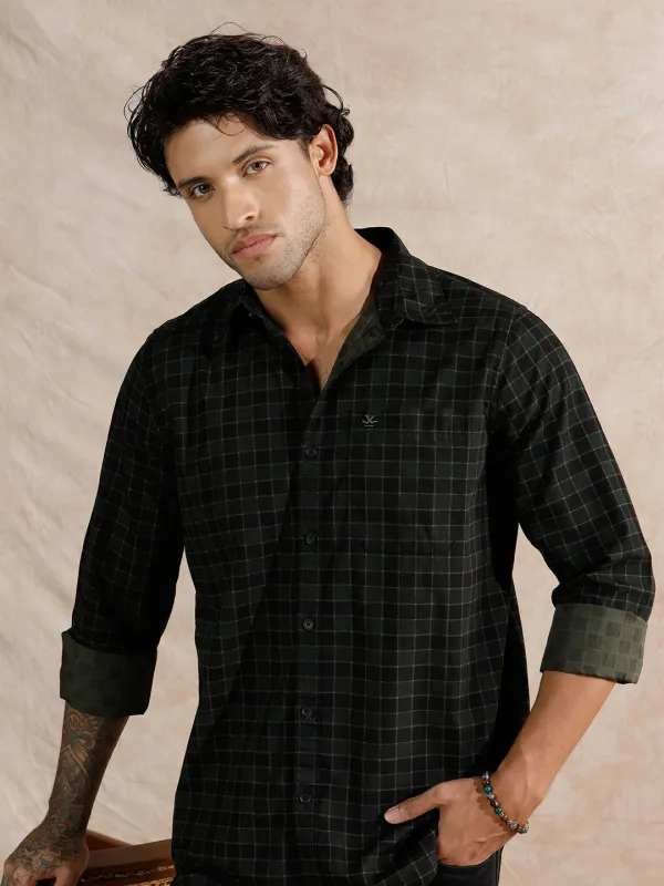 Textured Printed Checks Regular Fit Shirt | Dark Green sold by Wrogn