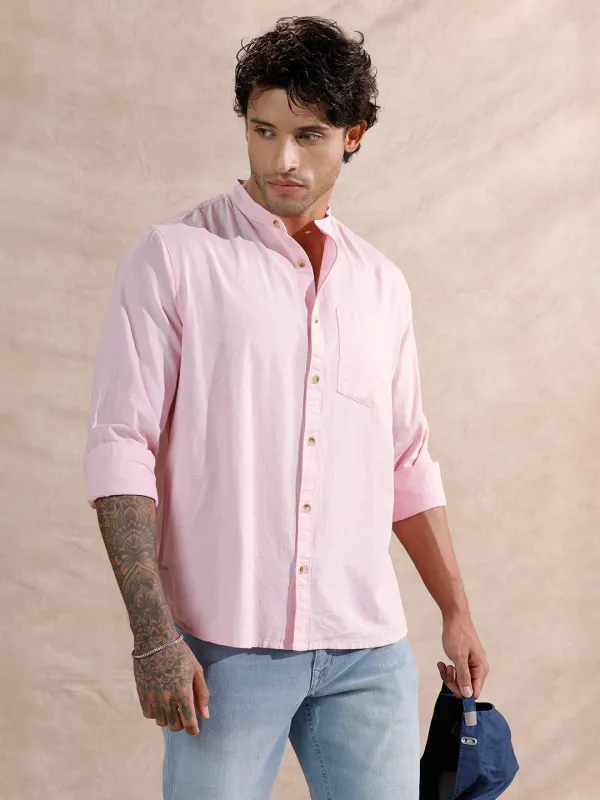 Mandarin Collar Regular Fit Shirt | Pink sold by Wrogn