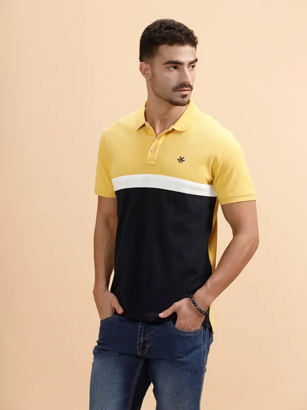 Contrast Cut & Sew Slim Fit Polo T-Shirt | Yellow & Navy sold by Wrogn