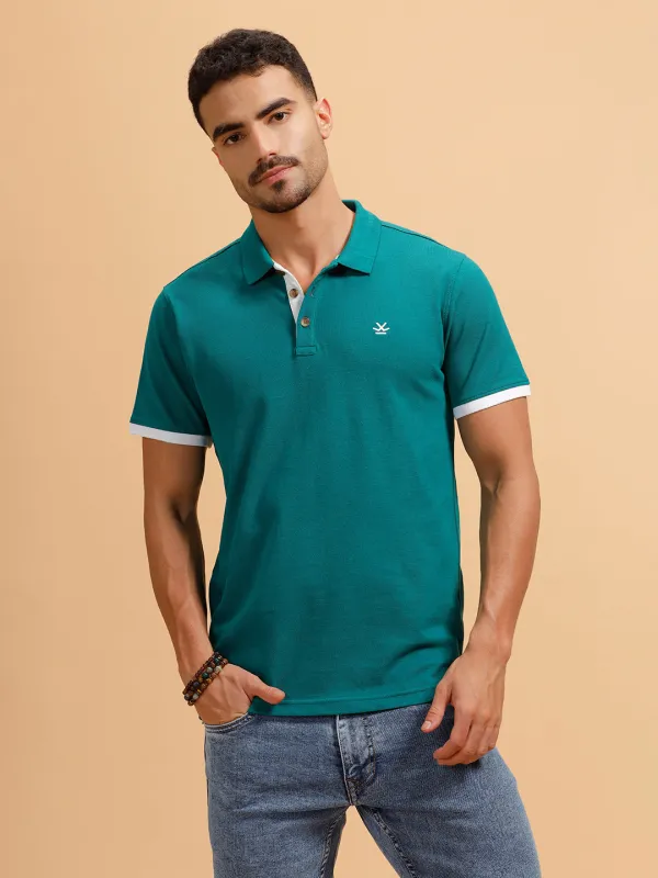 Contrast Detail Slim Fit Polo T-Shirt | Teal sold by Wrogn