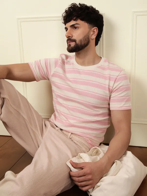 Casual Slim Fit Striped T-Shirt | Pink sold by Wrogn