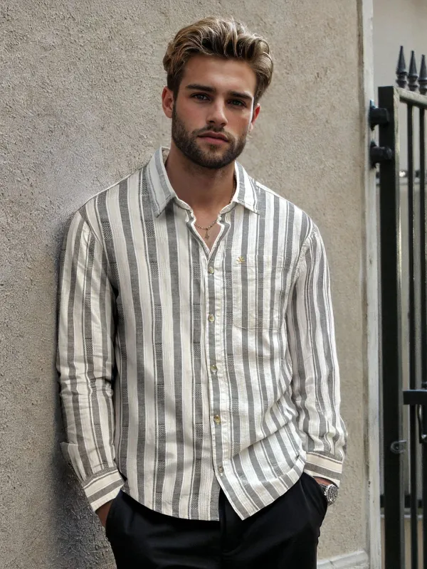 Textured Stripes Cotton Shirt | Grey sold by Wrogn