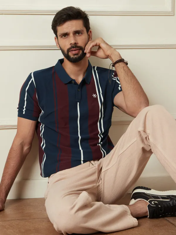 Navy Striped Slim Fit Polo T-Shirt sold by Wrogn
