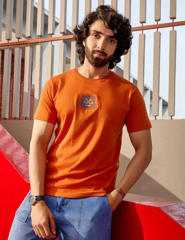 Embroidered Slim Fit T-Shirt | Rust sold by Wrogn